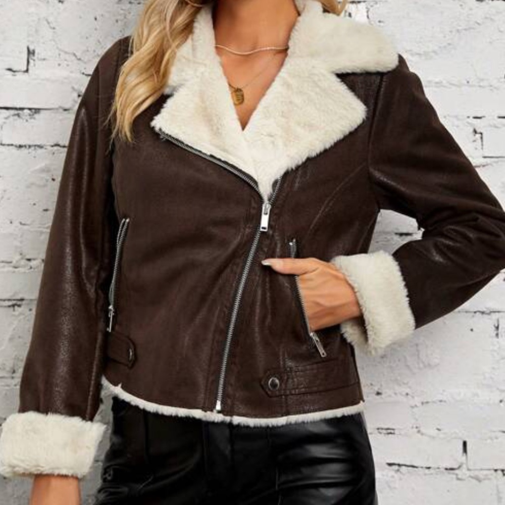 Luxe Vegan Leather Shearling Lined Moto Biker Jacket - Picture 3 of 4